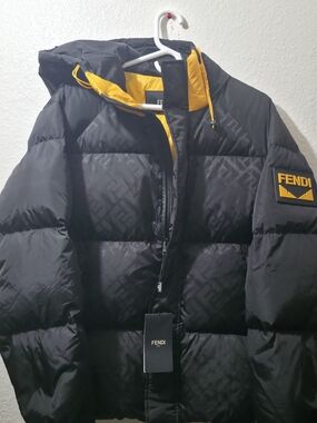 Red Jacket Black Puffer Coat with Yellow Trim
